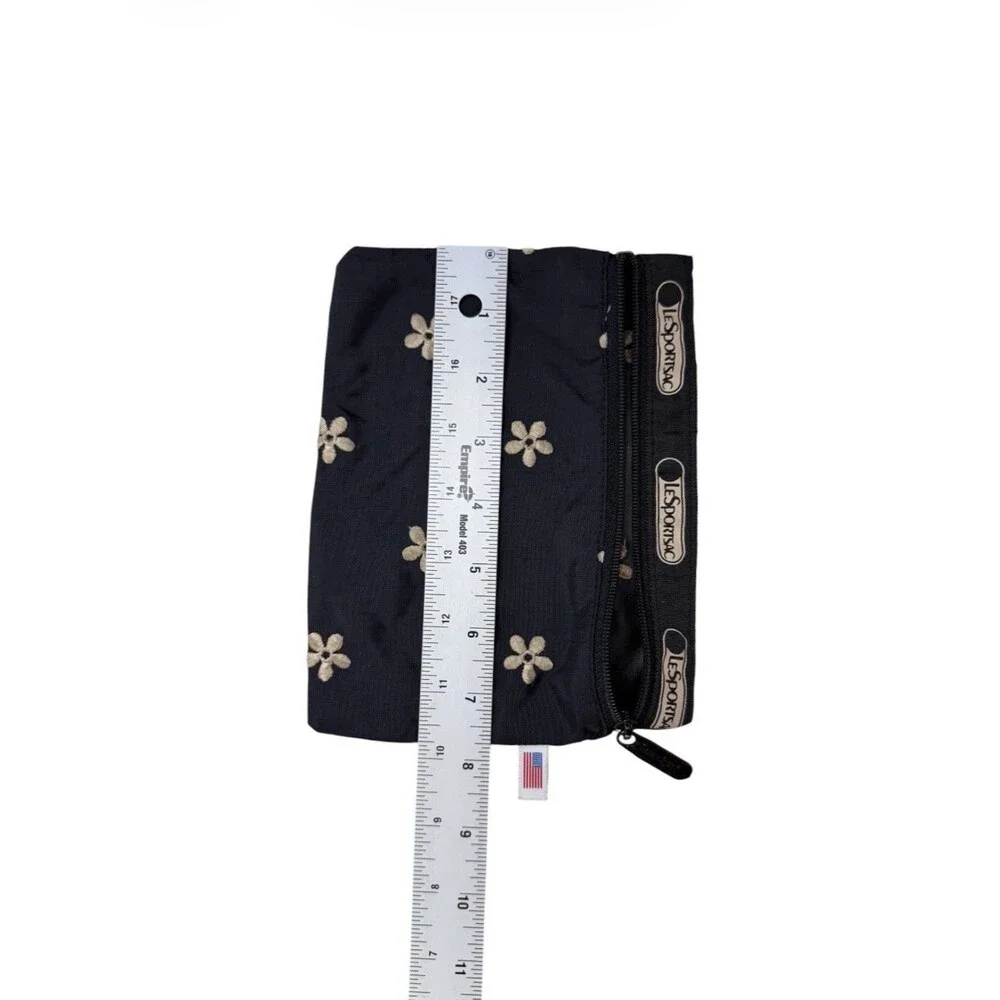 LeSportSac Black Beige Embroidered Flower Floral Cosmetic Clutch One Zipper